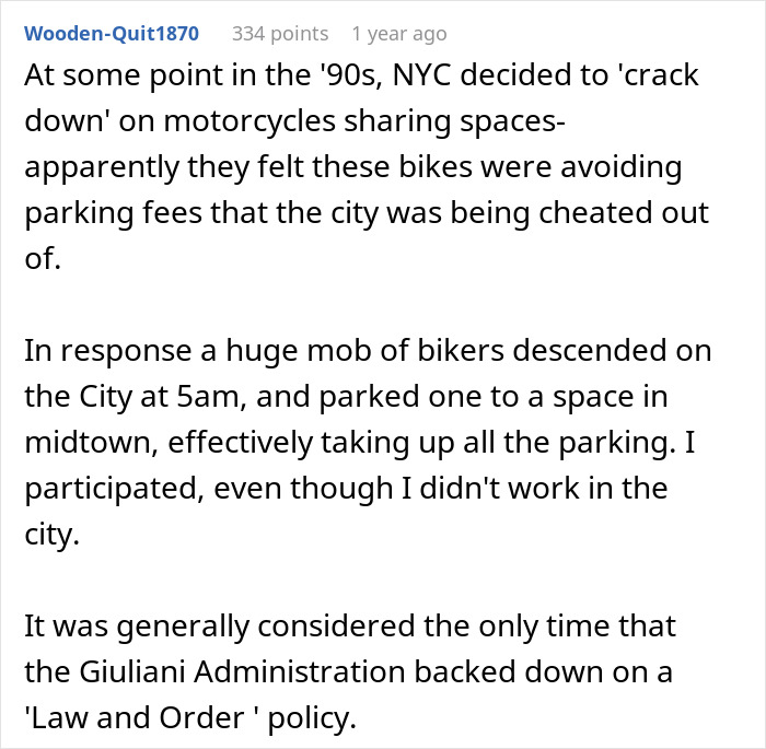 Woman uses her wit and all seven motorcycles to teach annoying neighbor a lesson about fair parking and city rules.