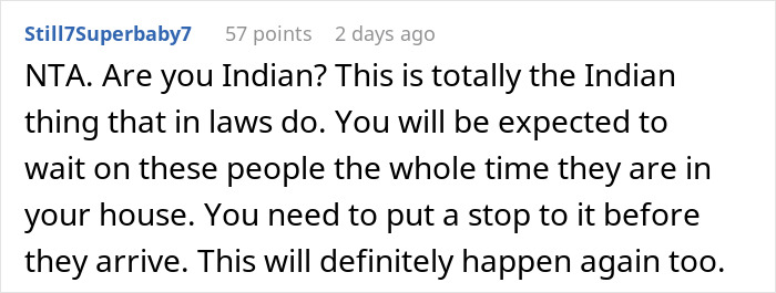 Comment discussing wife feeling hurt and disrespected after husband approves family&rsquo;s extended 6-week stay without asking.