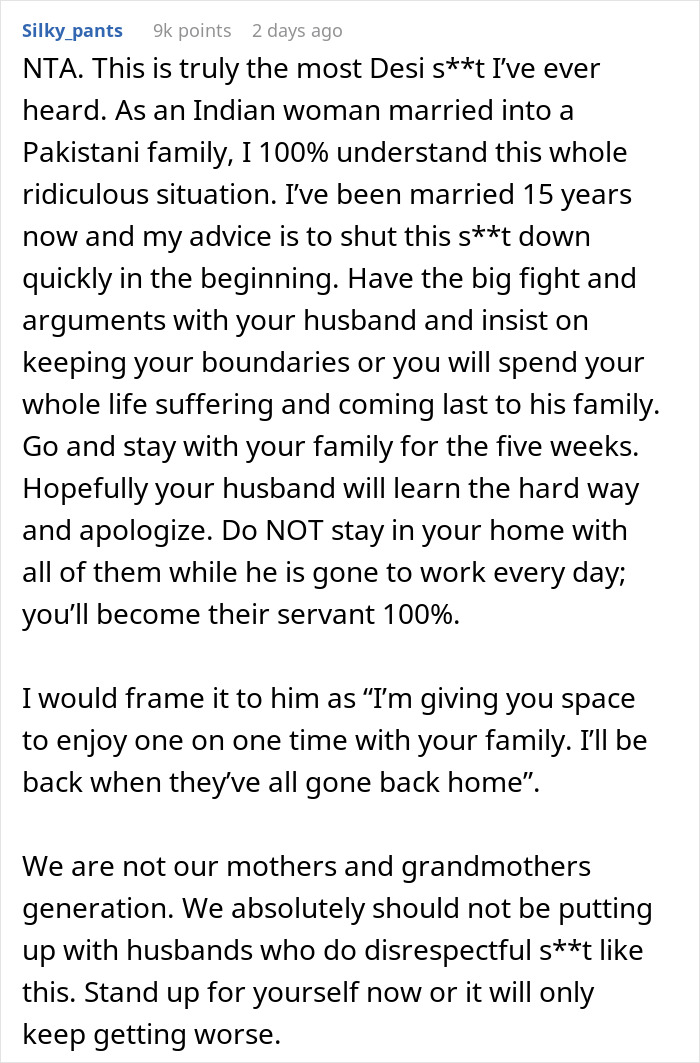 Comment expressing frustration over husband approving family&rsquo;s extended stay without consulting wife, highlighting hurt and disrespect.
