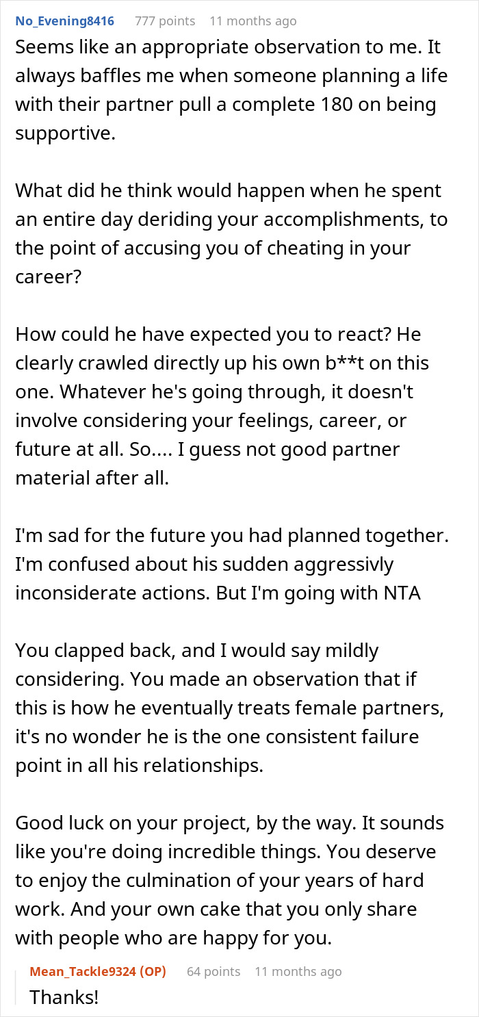 Text conversation showing a man dismissing girlfriend&rsquo;s major career milestone and accusing her of cheating to succeed.