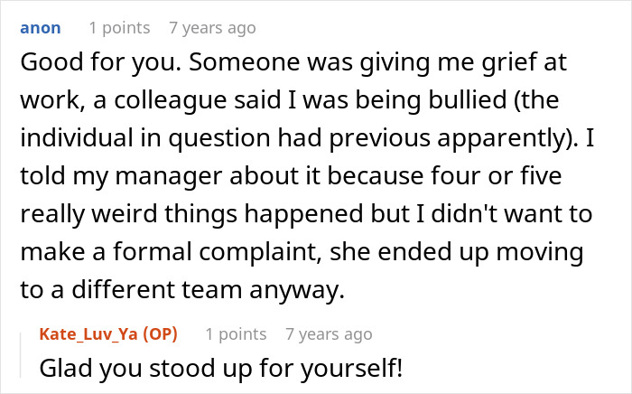 Alt text: Screenshot of a Reddit conversation about standing up to an office bully and reporting theft at work.