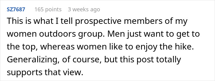 Forum post discussing men abandoning their partners during outdoor activities and the different hiking approaches of men and women.