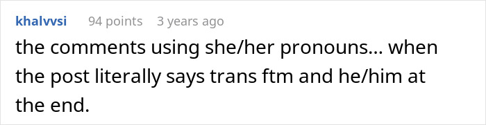 Screenshot of a Reddit comment discussing pronoun use in a story about a man who now lives as a man in the US.