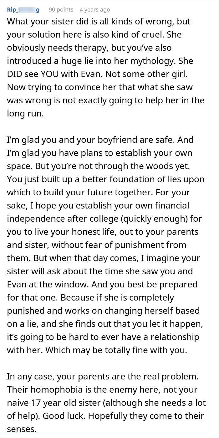 Comment discussing a guy&rsquo;s sister confronting him about his secret boyfriend and demanding he break up with him.