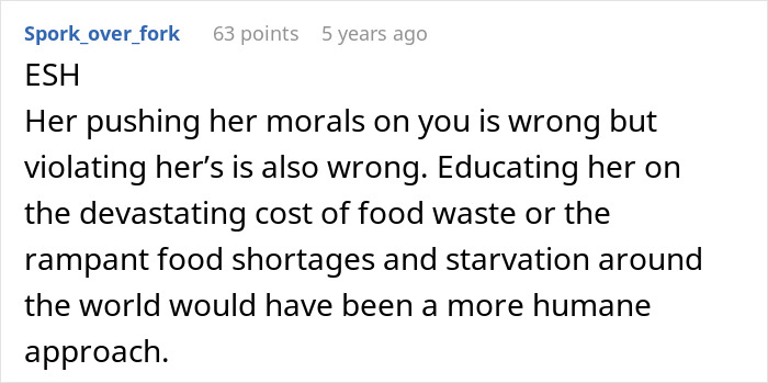 Online comment discussing vegan teen cooking meat, food waste, and moral lessons in a family dispute.