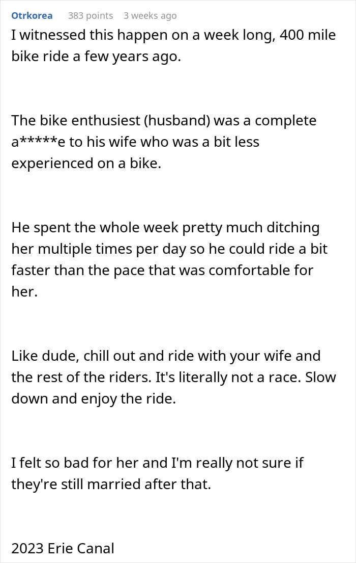 Comment describing men abandoning partners during outdoor activities, highlighting emotional impact and relationship strain.