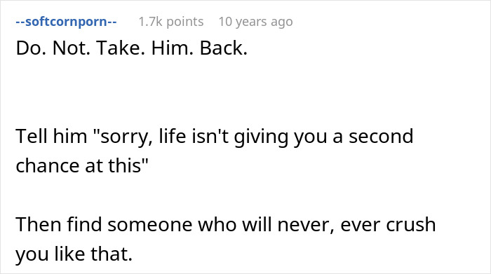 Screenshot of a forum comment advising not to take back a man who causes deep regret after ditching fianc&eacute;e.