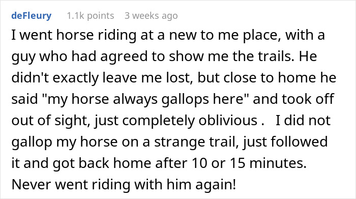 Comment about men abandoning their partners during outdoor activities like horse riding and leaving them behind on trails.