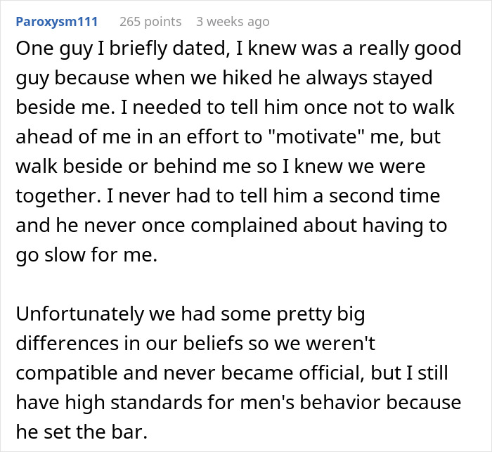 Screenshot of a Reddit comment sharing an experience about men abandoning their partners during outdoor activities.