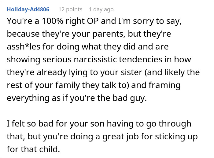 Screenshot of a Reddit comment discussing grandparents guilt trip kid over his mom while dad decides to cut them off.
