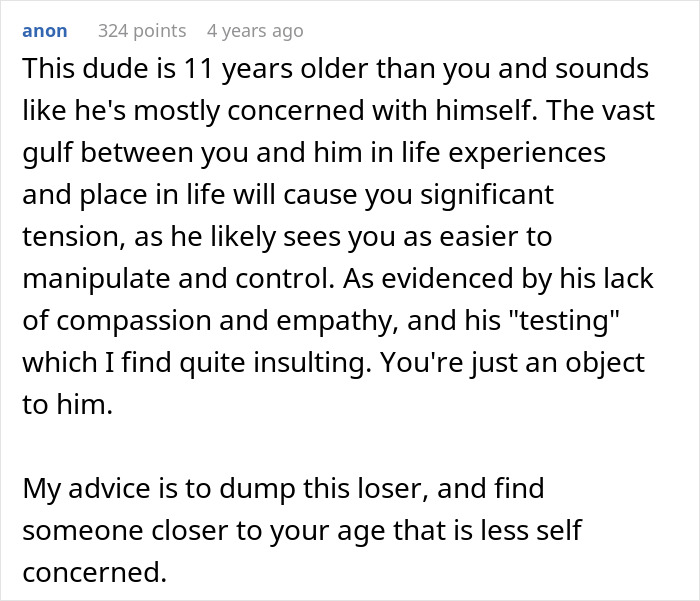 Comment discussing issues in a gold digger test situation, highlighting manipulation and control concerns.