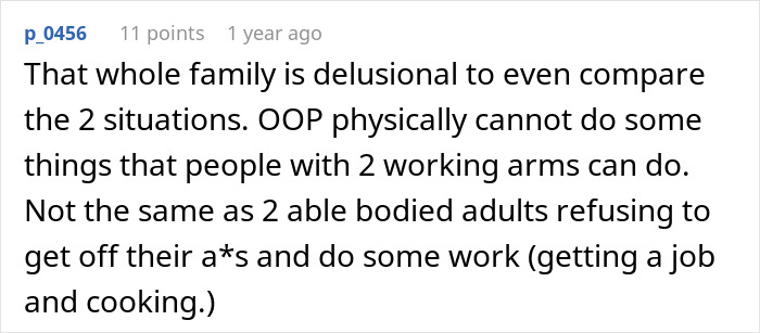 Comment discussing a family situation where a guy with one arm cannot use a knife, highlighting effort and physical limitations.