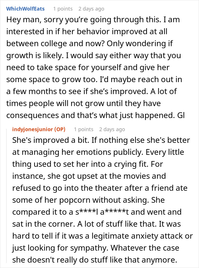 Text conversation discussing a woman&rsquo;s emotional growth and attempts to improve behavior over time in a long-term friendship.