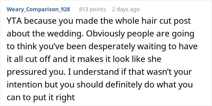 Screenshot of a Reddit comment discussing a woman buzzing her hair after a friend&rsquo;s wedding and public assumptions about it.