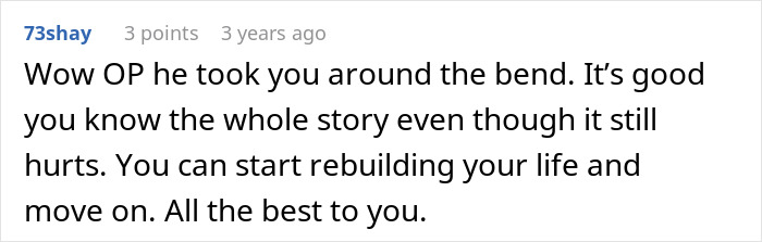 Screenshot of a Reddit comment offering support after a woman's innocent goofy joke reveals her husband as a horrible cheating jerk.