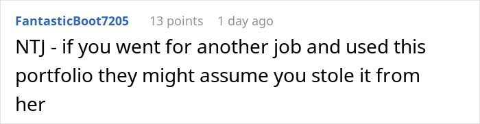 Comment discussing concerns about emailing roommates and a boss stealing a portfolio in an online forum.