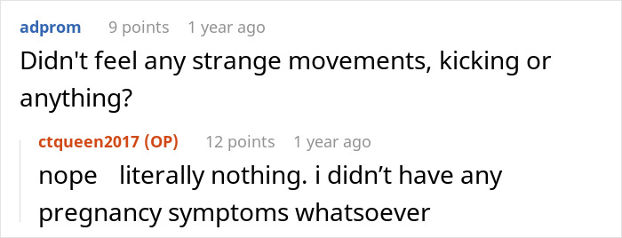 Conversation about pregnancy symptoms, with woman saying she had no symptoms before calling fianc&eacute; about pregnancy and labor.