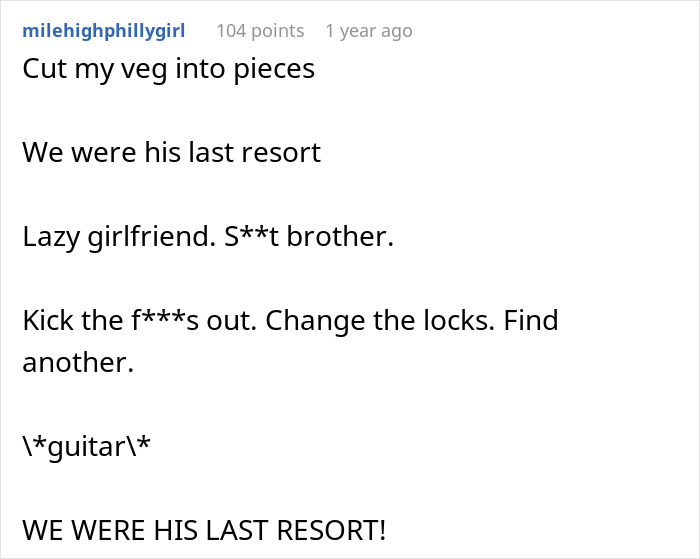 Text post discussing a lazy brother-in-law unable to handle a one-armed guy cutting vegetables for someone.