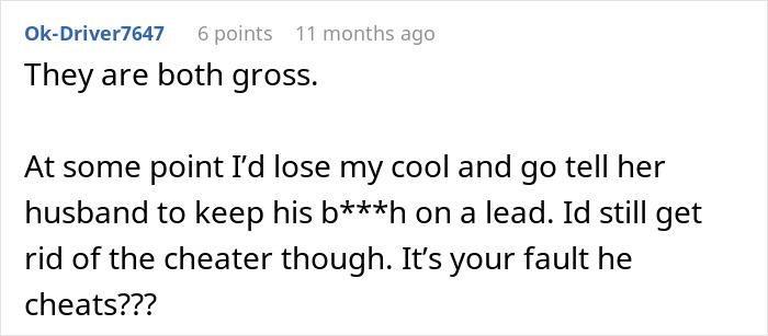 Screenshot of a user comment criticizing a woman who sleeps with a married man and lectures his wife through wild texts.