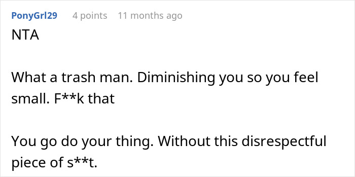 Reddit comment criticizing a man who dismisses his girlfriend&rsquo;s career milestone and accuses her of sleeping her way to success.