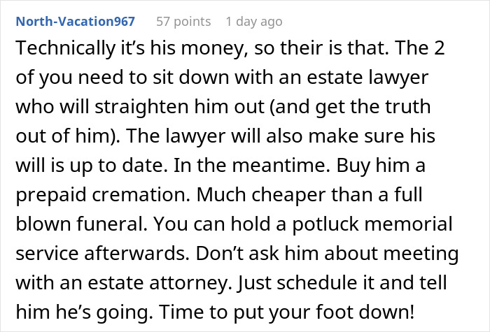 Comment advising to consult an estate lawyer about a husband's inheritance and will to protect the wife's interests.