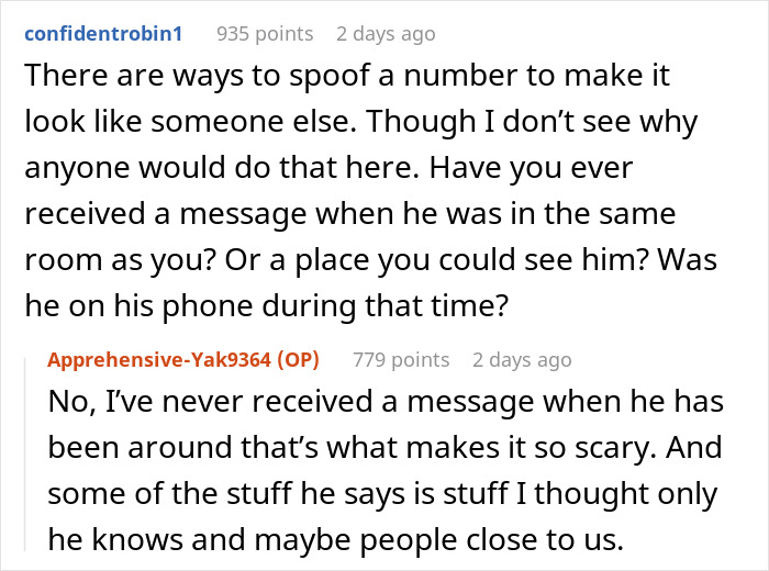 Alt text: Online conversation where woman suspects husband is a psychopath after receiving disturbing and unexplainable text messages. Alt text: Online conversation where woman suspects husband is a psychopath after receiving disturbing and unexplainable text messages.