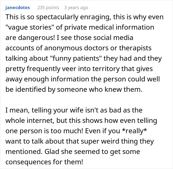 Woman confused how coworkers know personal details, discovering her therapist is her boss's husband causing privacy concerns.