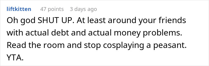 Screenshot of a comment criticizing a woman who grew up wealthy for failing to read the room and losing friends.