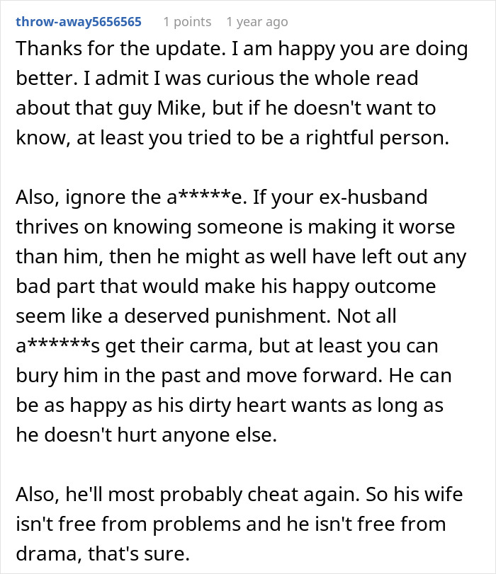 Comment discussing a woman's innocent joke revealing her husband is a horrible cheating jerk and relationship drama.