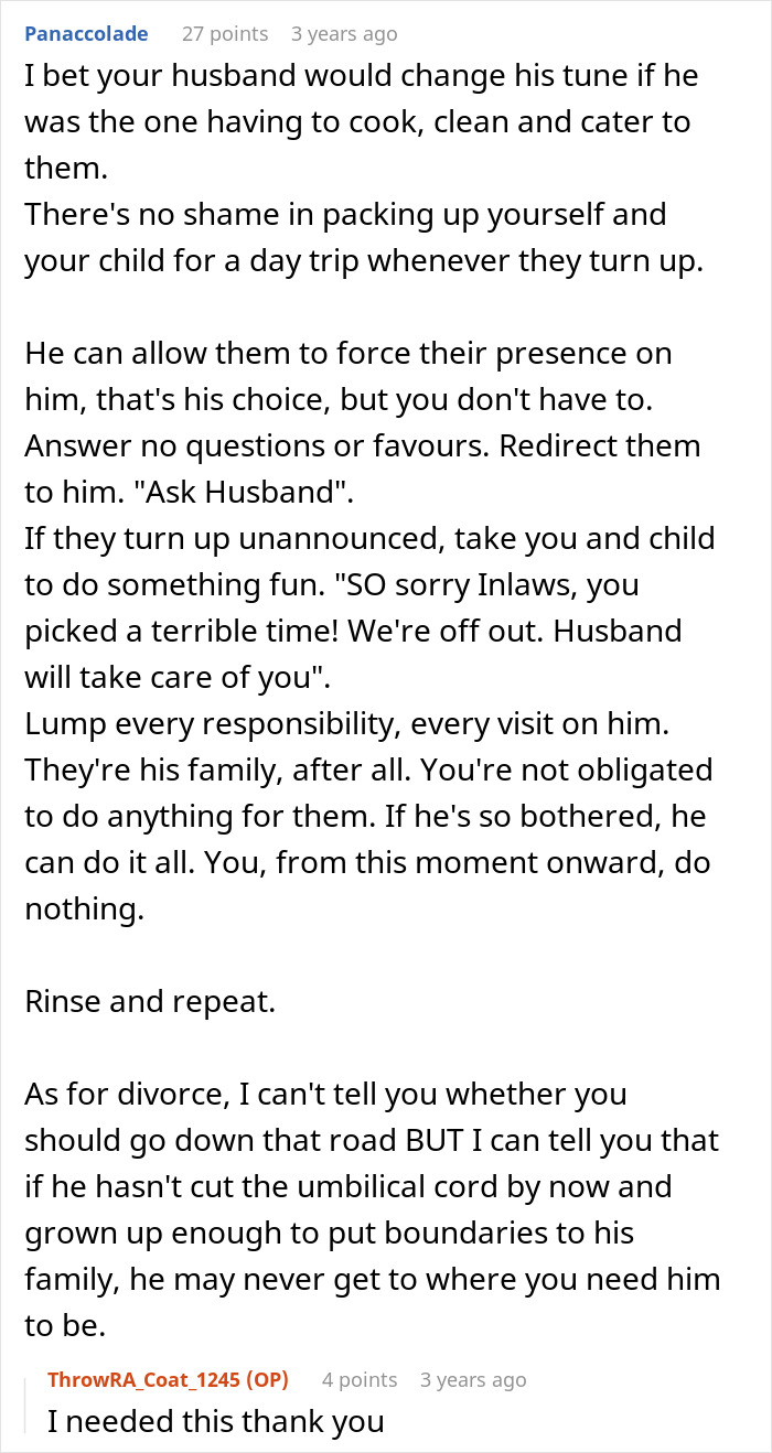 Comment advising a woman on handling in-laws following her move with family to run away, with husband involvement. Comment advising a woman on handling in-laws following her move with family to run away, with husband involvement.