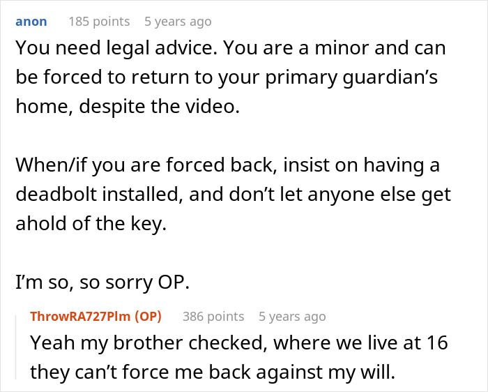 Comment thread discussing legal advice for a minor about returning to a guardian&rsquo;s home and safety measures.