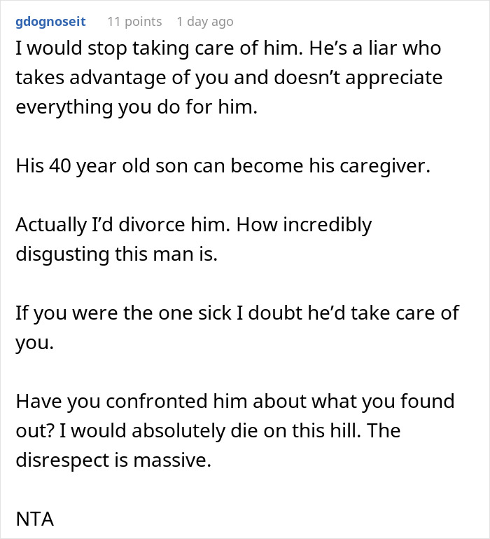 Commenter advises divorcing husband who lies about inheritance and wants to leave wife caring for him with nothing.