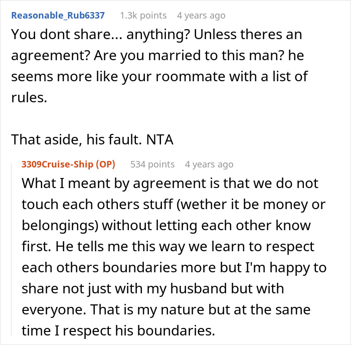Screenshot of an online discussion about boundaries and refusing to pay husband for burnt steak cooked at home.