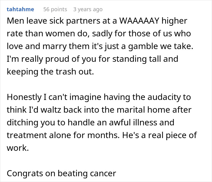 Comment about men abandoning sick partners at higher rates, praising strength in facing divorce and cancer recovery. Comment about men abandoning sick partners at higher rates, praising strength in facing divorce and cancer recovery.