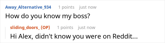 Reddit comment thread showing a user questioning how they know their boss, highlighting work-life balance discussion.