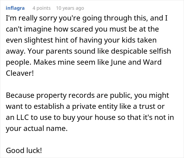 Text excerpt showing a woman cutting off parents after catching mom in bed with her fianc&eacute;, describing family conflict.