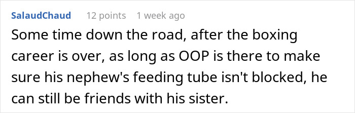 Text post about a woman skipping her nephew&rsquo;s uncertain boxing match to care for her dogs, causing her sister to rage.