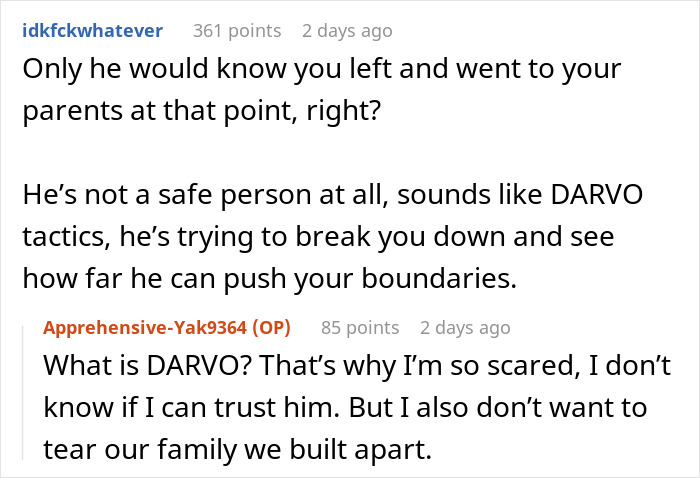 Online forum conversation showing a woman suspecting her husband uses DARVO tactics, fearing he may be a psychopath. Online forum conversation showing a woman suspecting her husband uses DARVO tactics, fearing he may be a psychopath.