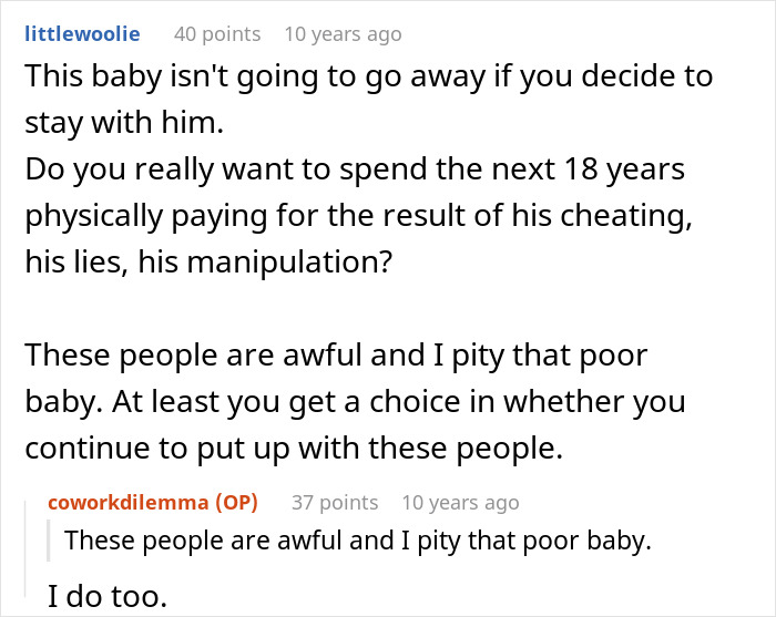 Comment discussion about a man taking care of a pregnant coworker and the consequences revealed by his wife.