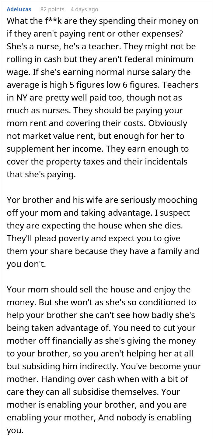 Comment discussing a family expecting grandma to support them financially so wife can be a stay-at-home mom.