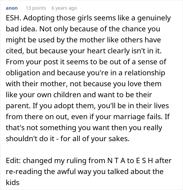 Text excerpt from a man refusing to adopt wife&rsquo;s kids after discovering hidden truths about their father.