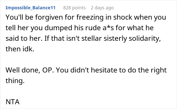 Screenshot of a Reddit comment praising a guy for ending a 3-year relationship with one comment to his girlfriend&rsquo;s teen sister.