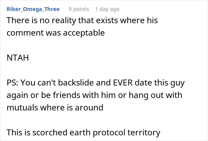 Screenshot of a forum comment discussing a relationship ending after a controversial comment to girlfriend's teen sister.