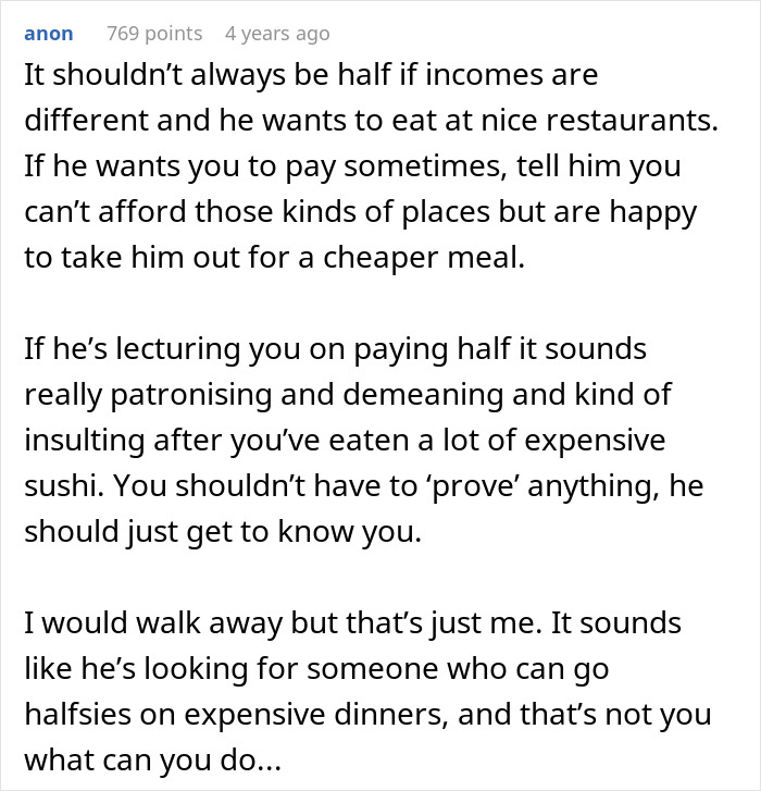Anonymous text explaining a gold digger test situation involving paying for expensive meals and relationship dynamics.