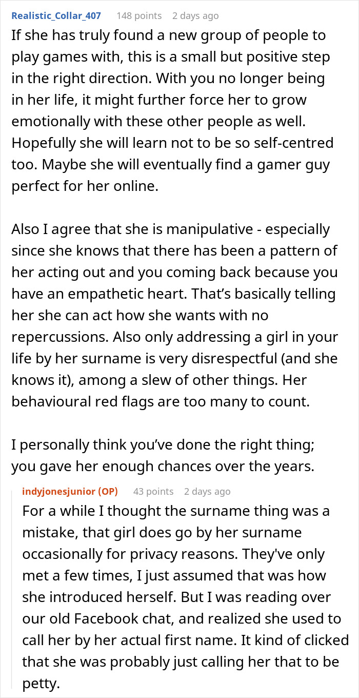 Text conversation discussing a woman trying to make a long-time friend fall in love, leading to being blocked.