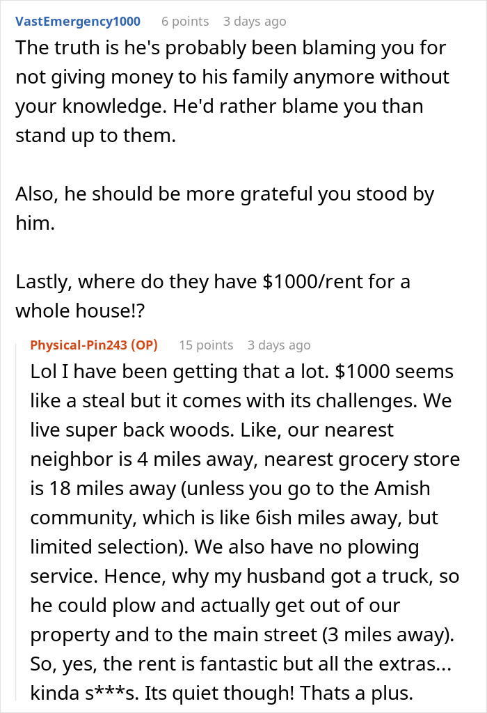Reddit conversation discussing family entitlement and challenges of living in a remote area without plowing service. Reddit conversation discussing family entitlement and challenges of living in a remote area without plowing service.