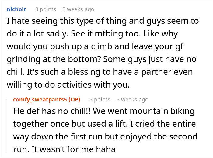 Comments discussing men abandoning partners during outdoor activities like mountain biking and climbing, sharing personal experiences.