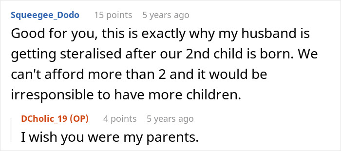 Screenshot of a social media comment discussing delusional parents calling their sixth baby a miracle and sacrificing education.