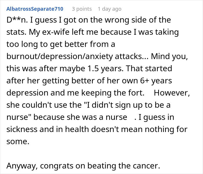 Comment discussing abandonment and divorce after a partner faced depression, reflecting on relationship struggles and realities. Comment discussing abandonment and divorce after a partner faced depression, reflecting on relationship struggles and realities.