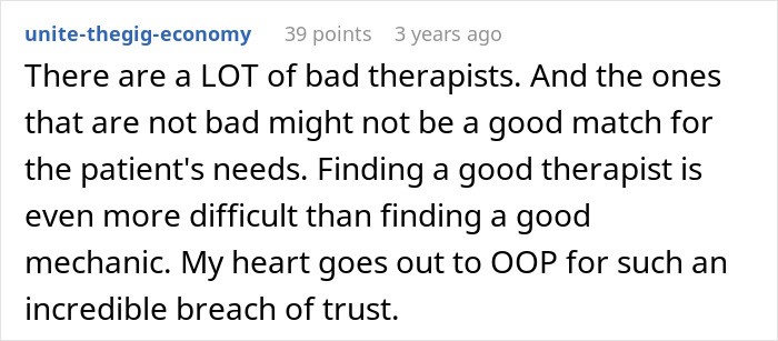 Comment discussing the difficulty of finding a good therapist and the breach of trust involved.